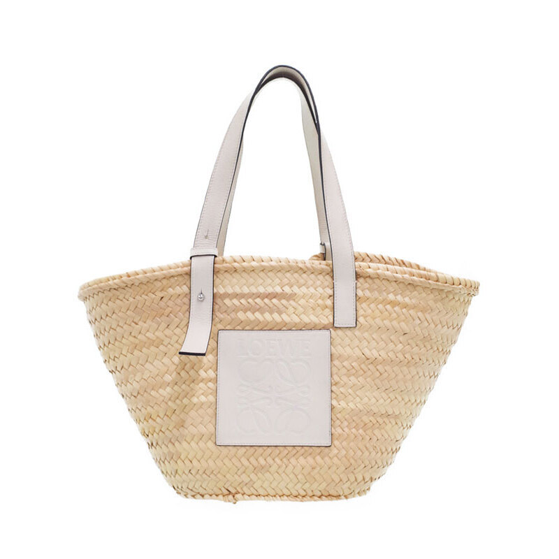Loewe Basket Bag Handbag Tote Calfskin Raffia Natural Tan Beige Tan Brown